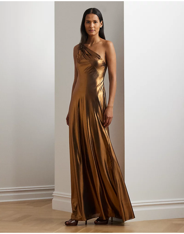 RALPH LAUREN- Abito monospalla in chiffon metallizzato