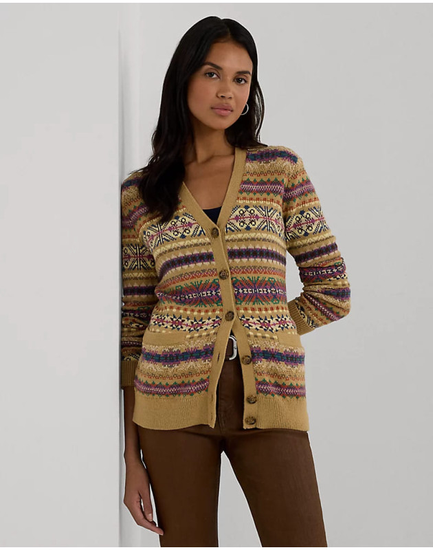 RALPH LAUREN- Cardigan Fair Isle in cotone e lino