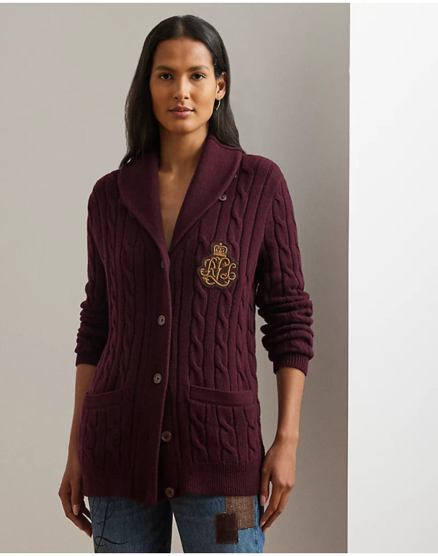 RALPH LAUREN- Cardigan con collo a scialle e ricamo