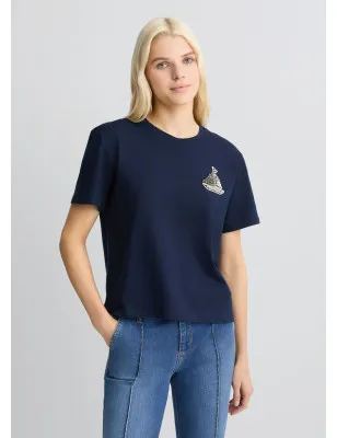 LIU JO- T-shirt in cotone con ricamo e strass