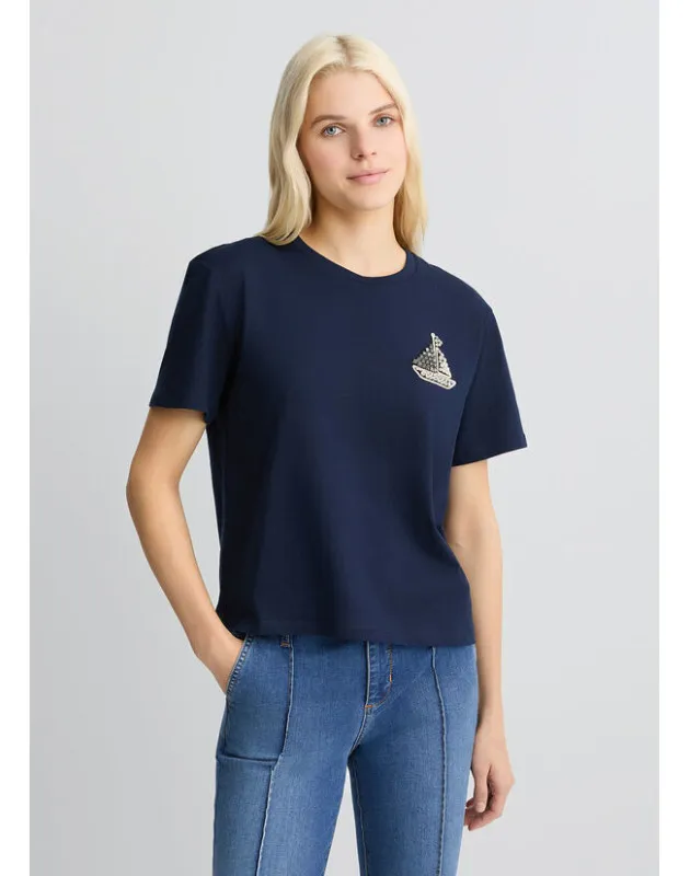 LIU JO- T-shirt in cotone con ricamo e strass LIU JO- T-shirt in cotone con ricamo e strass