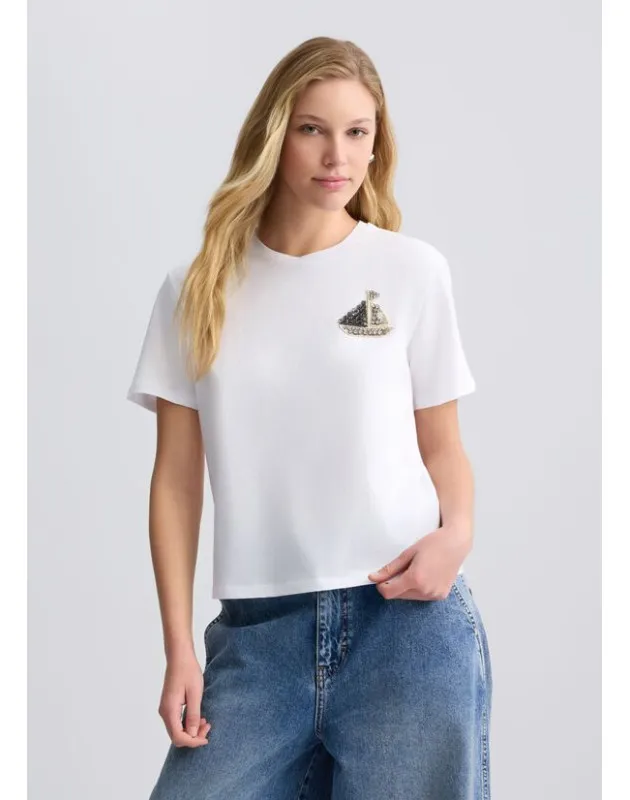 LIU JO- T-shirt in cotone con ricamo e strass