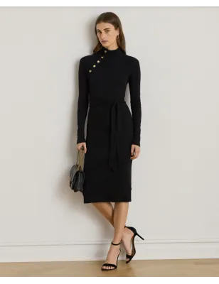 RALPH LAUREN- Abito a collo alto in maglia  a costine con Bottoni
