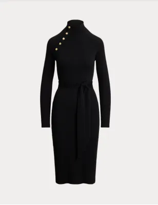 RALPH LAUREN- Abito a collo alto in maglia  a costine con Bottoni
