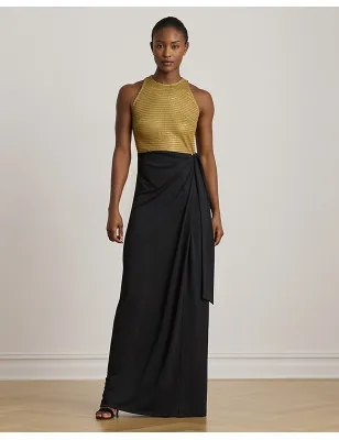 RALPH LAUREN- Abito lungo in rete e jersey con fiocco