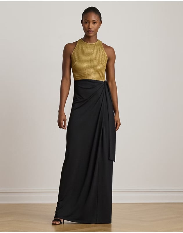 RALPH LAUREN- Abito lungo in rete e jersey con fiocco