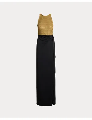 RALPH LAUREN- Abito lungo in rete e jersey con fiocco