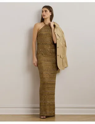 RALPH LAUREN - Abito halter in rete con perline