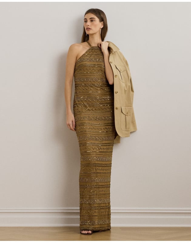 RALPH LAUREN - Abito halter in rete con perline