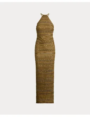 RALPH LAUREN - Abito halter in rete con perline
