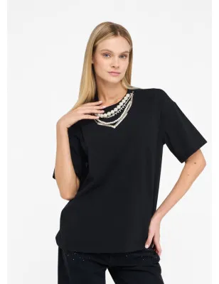LIU JO- T-shirt con perle e strass