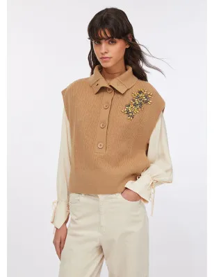LIU JO- Gilet 100% lana con ricami gioiello