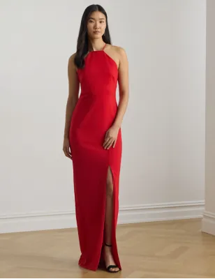 RALPH LAUREN- Abito da sera con scollo all'americana in crepe double-face