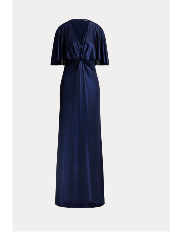 RALPH LAUREN- Abito a mantella con torsione sul davanti in jersey metallizzato