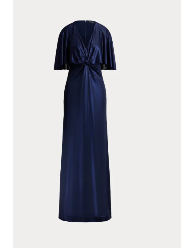 RALPH LAUREN- Abito a mantella con torsione sul davanti in jersey metallizzato