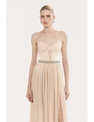 NISSA- Abito lungo in chiffon con dettagli in cristallo