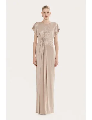 NISSA- Abito lungo in jersey elasticizzato metallizzato con arricciature