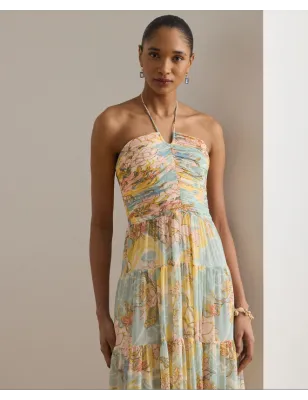 RALPH LAUREN- Abito da sera a balze in georgette con stampa floreale e scollo all'americana