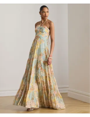 RALPH LAUREN- Abito da sera a balze in georgette con stampa floreale e scollo all'americana