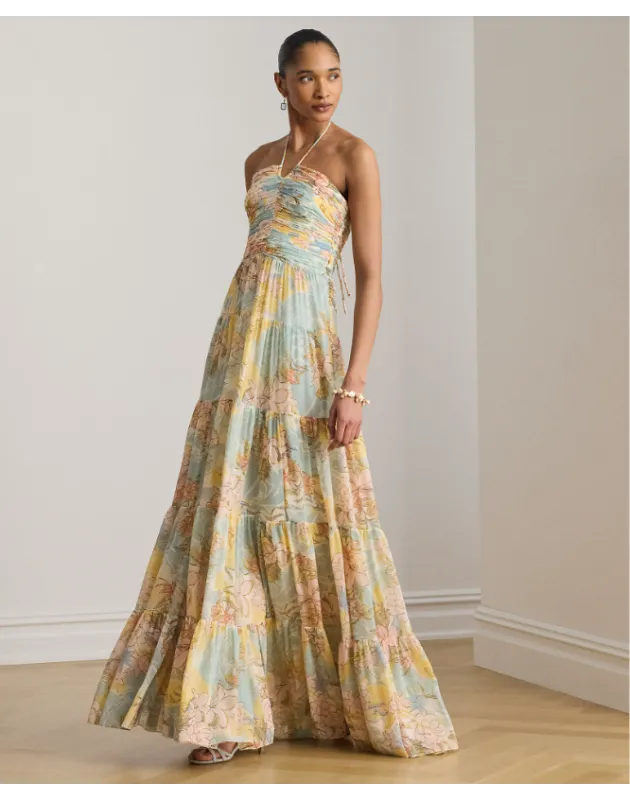 RALPH LAUREN- Abito da sera a balze in georgette con stampa floreale e scollo all'americana