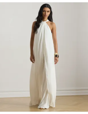 RALPH LAUREN- Tuta intera a gamba larga con scollo all'americana in stile Cape Georgette