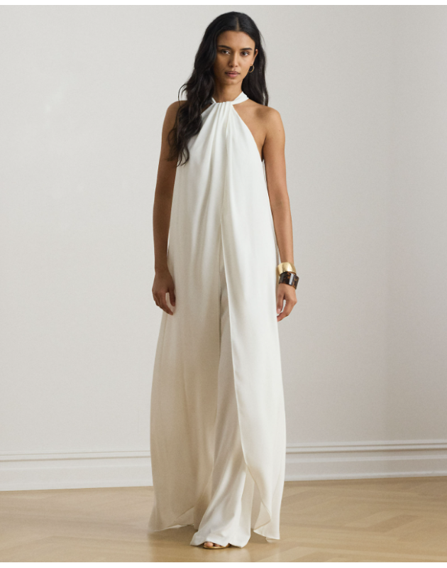 RALPH LAUREN- Tuta intera a gamba larga con scollo all'americana in stile Cape Georgette