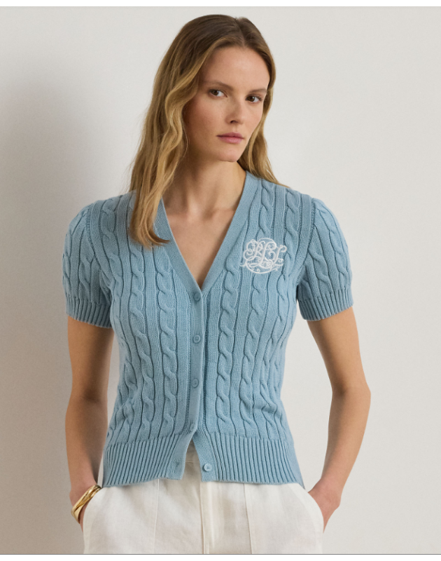 RALPH LAUREN- Cardigan a maniche corte in cotone a trecce