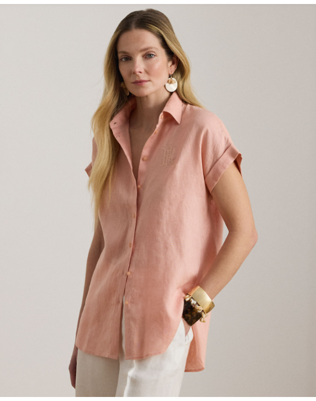 RALPH LAUREN- Camicia a maniche corte in lino dalla vestibilità comoda