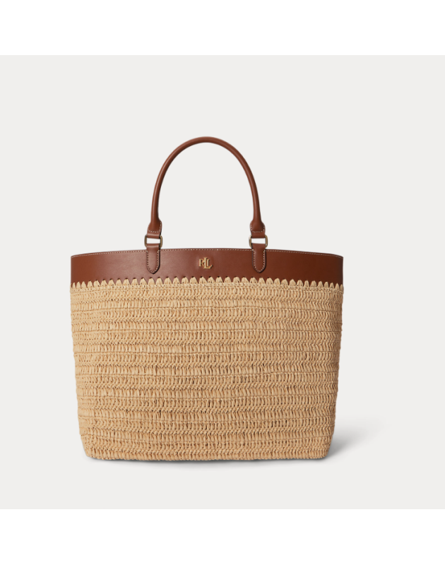 RALPH LAUREN- Borsa tote grande Kyla in paglia con finiture in pelle
