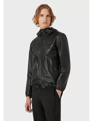 EMPORIO ARMANI - Blouson full zip con cappuccio in nappa di agnello semianilina