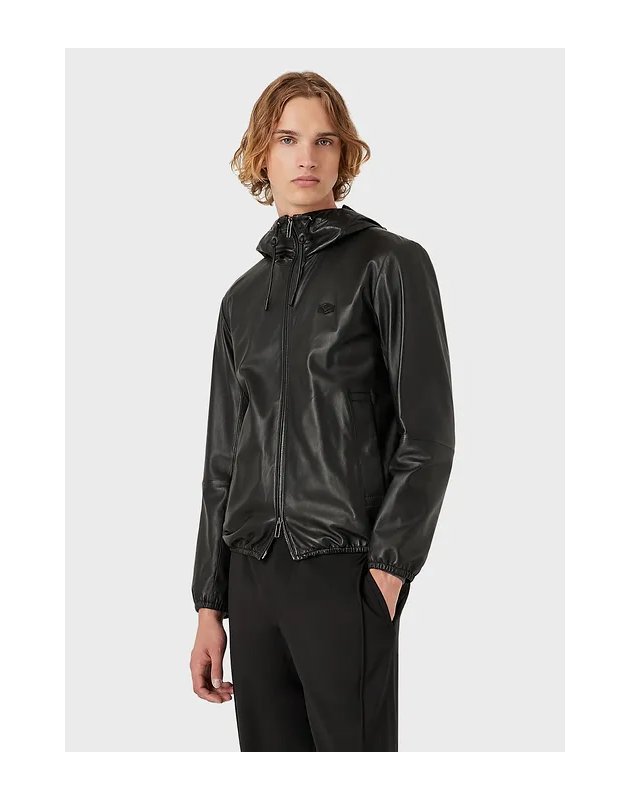 EMPORIO ARMANI - Blouson full zip con cappuccio in nappa di agnello semianilina